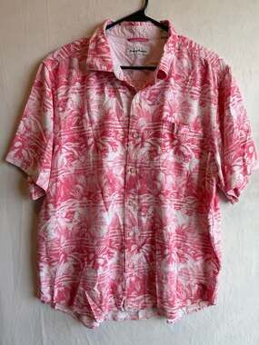 Tommy Bahama Men's Pink and White Tropical Palm Tree Short Sleeve Button-Up